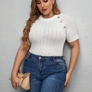 NEVER WORN Plus Button Detail Raglan Sleeve Pointelle Knit Top